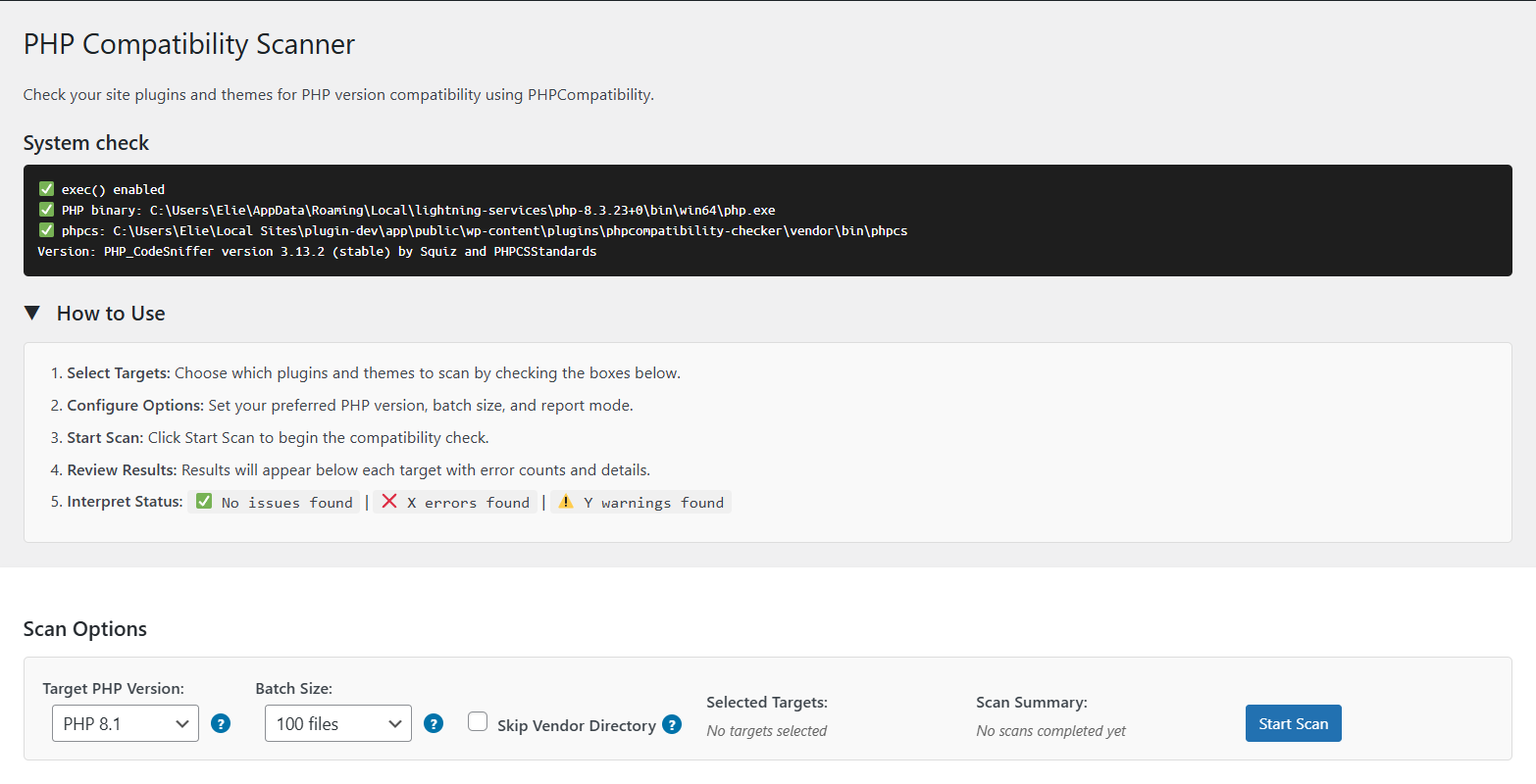 Plugin dashboard displaying environment compatibility check results